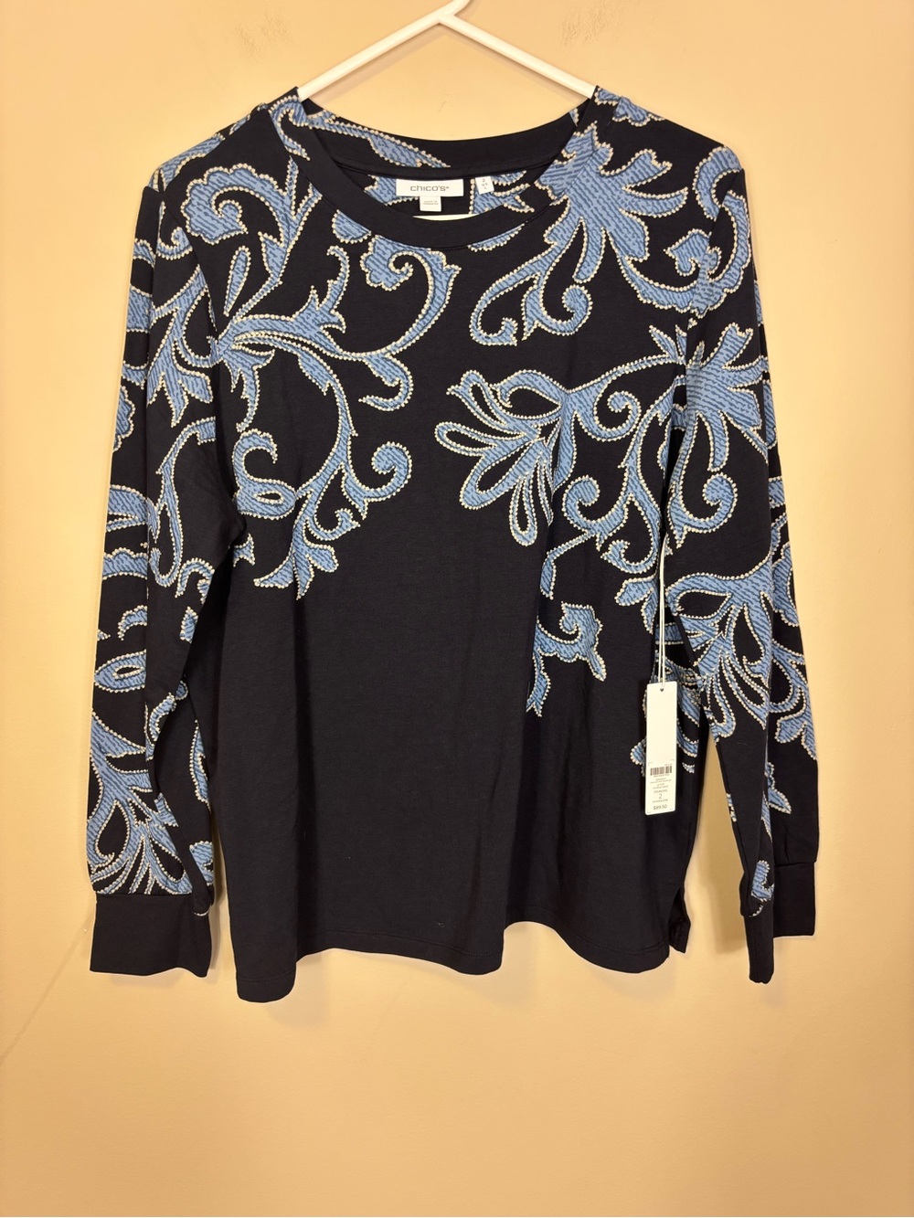 New Chico's Navy Top with Sky Blue Embroidered Scrolls Detailing Large